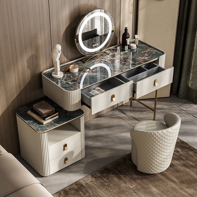 4 Storage Drawers Dresser Stone Top Vanity Set with Padded Stool