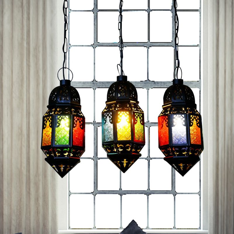 Black 3-Bulb Hanging Lighting Vintage Metallic Lantern Multi Pendant Lamp for Restaurant