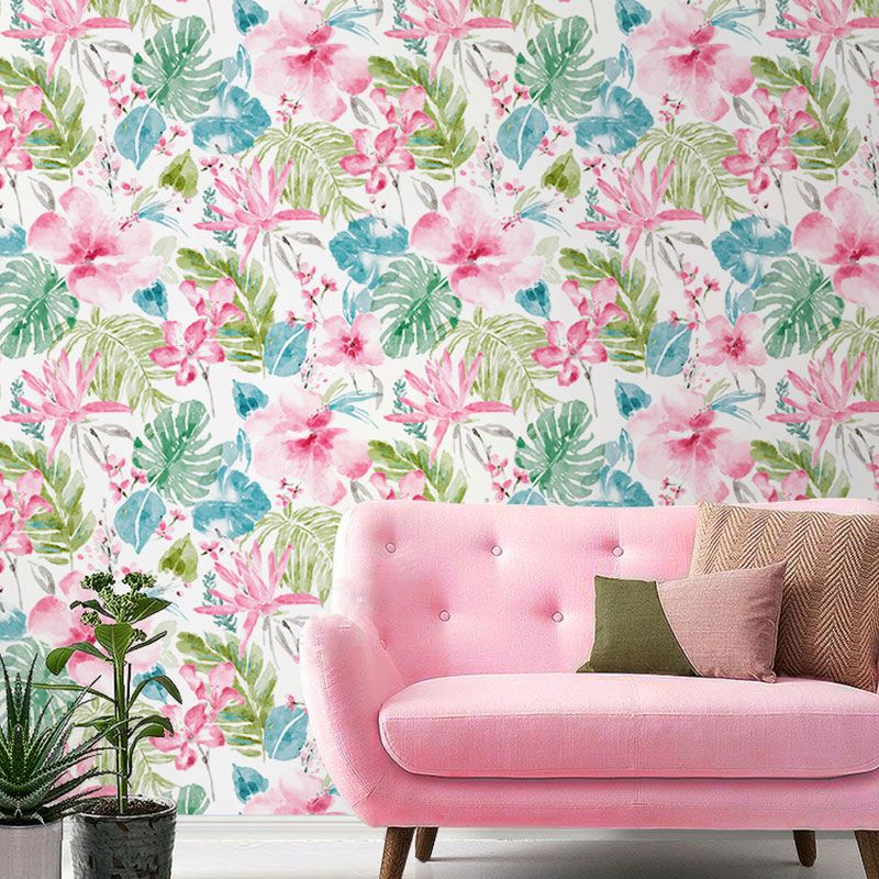 Blossoming Flower and Leaves Wallpaper in Natural Color Non-Woven Fabric Wall Decor for Guest Room, 33' x 20.5"