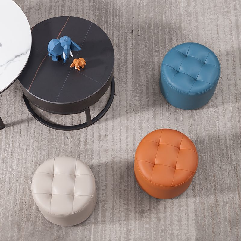 Modern Genuine Leather Ottoman Plain Tufted Detail Round Footstool Ottoman