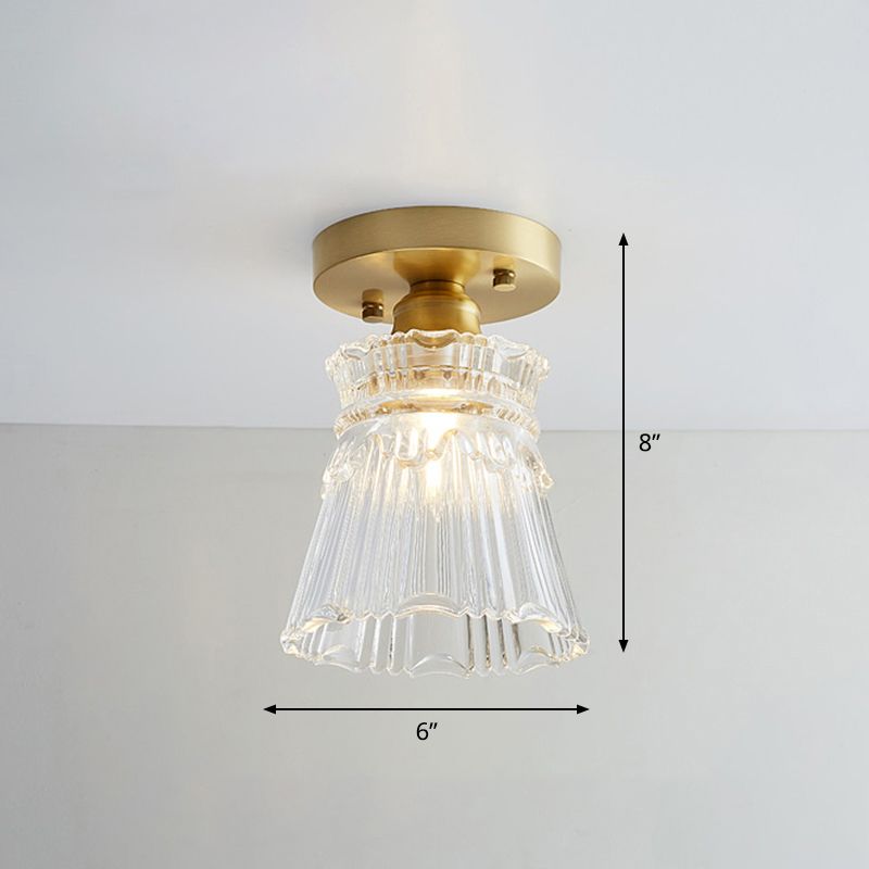 Industrial Small Ceiling Light Fixture 1-Light Textured Glass Semi Flush Mount in Brass for Aisle