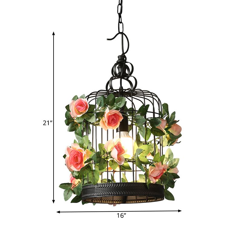Black 1 Bulb Ceiling Light Industrial Metal Birdcage LED Pendant Lamp with Flower Decoration