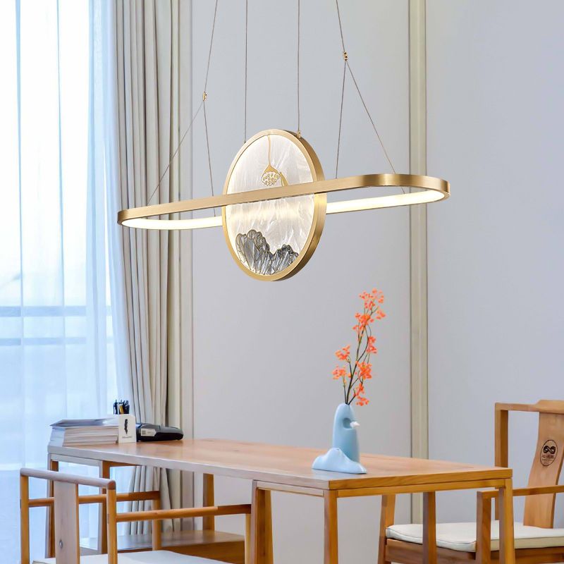 Chinese Style Gold Round Linear Island Pendant Lighting LED Metal Island Ceiling Light for Living Room