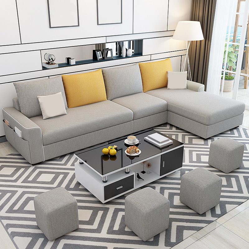 L-Shape Linen Blend Square Arm Sectional with Slipcovered and Storage