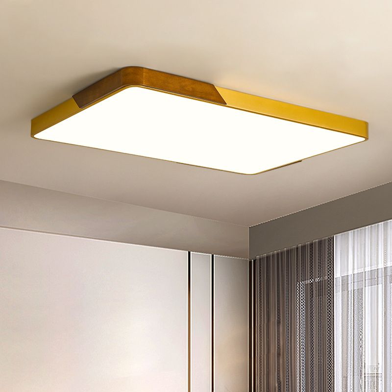 Gold Metal and Wood Flush Ceiling Mount Lamp with Square/Rectangular Acrylic Diffuser Modern LED Ceiling Flush Mount for Bedroom in Warm/White/Neutral, 16"/19.5"/25.5" W