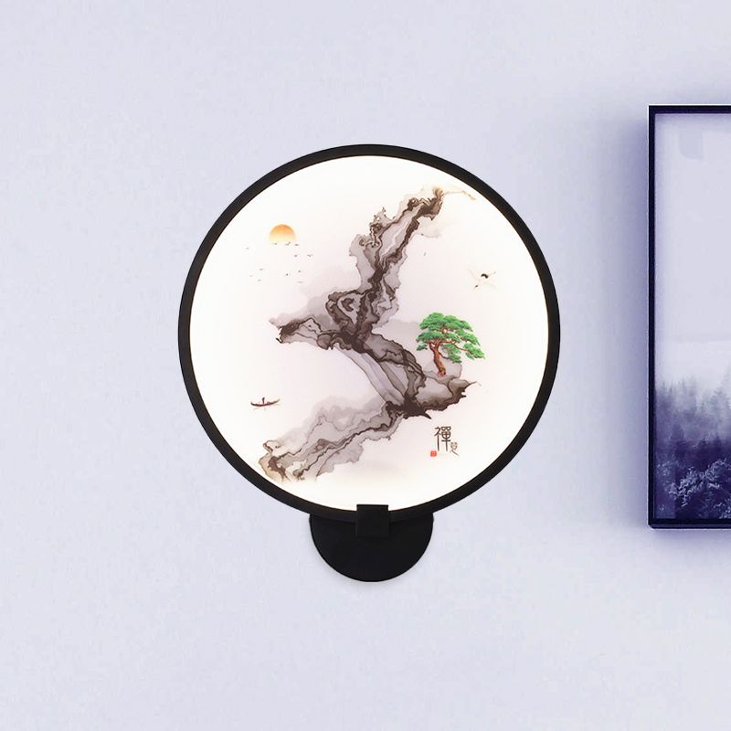 Misty Mountain/Lake Metal Mural Lighting Asia Black Led Hoop Wand Mount Lamp voor slaapkamerdecoratie