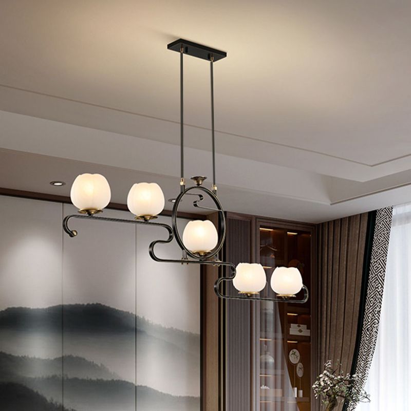 Flower Shape Glass Island Chandelier Modern Multi Lights Island Ceiling Light in Black