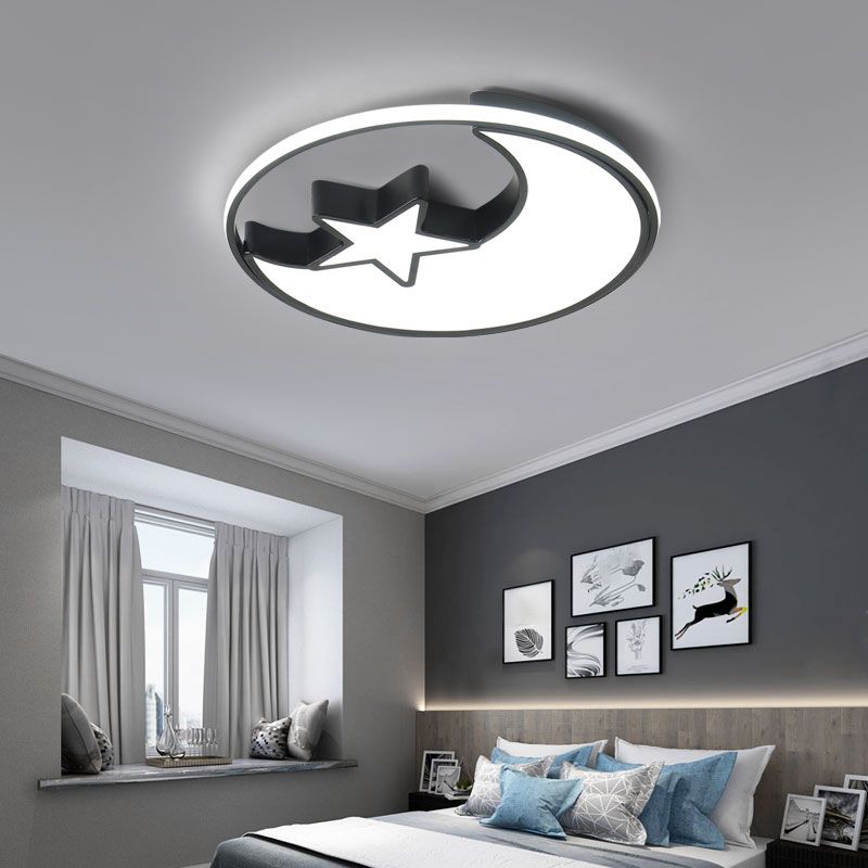 Kids LED Flush Mounted Lamp Black Crescent and Star Ceiling Lighting with Acrylic Shade