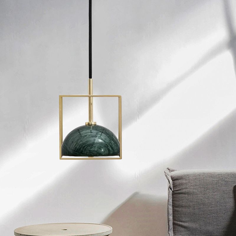 Marble Small Dome Hanging Light Kit Mid Century 1 Head Black/Green Ceiling Pendant with Gold Cubic Wire Cage Guard