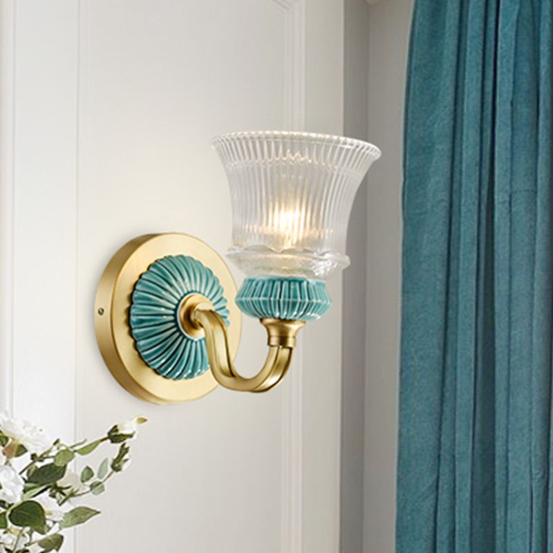 Klassiek Bell Wall Lighting Fecture 1 Head Clear Prismatic Glass Wand SCONCE Licht in goud voor slaapkamer