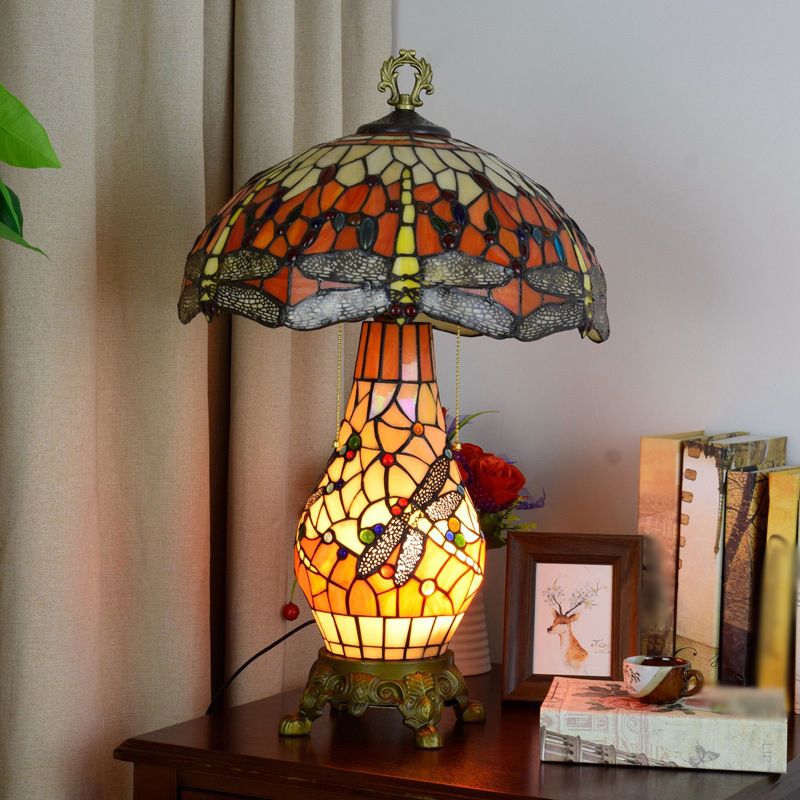 3 Bulbs Mushroom Shaped Nightstand Lamp Vintage Orange Stained Glass Table Light with Dragonfly Pattern