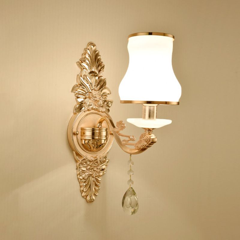 Gold Floral Wall Light Fixture Vintage Glass Living Room Wall Mounted Lamp with Crystal Accent