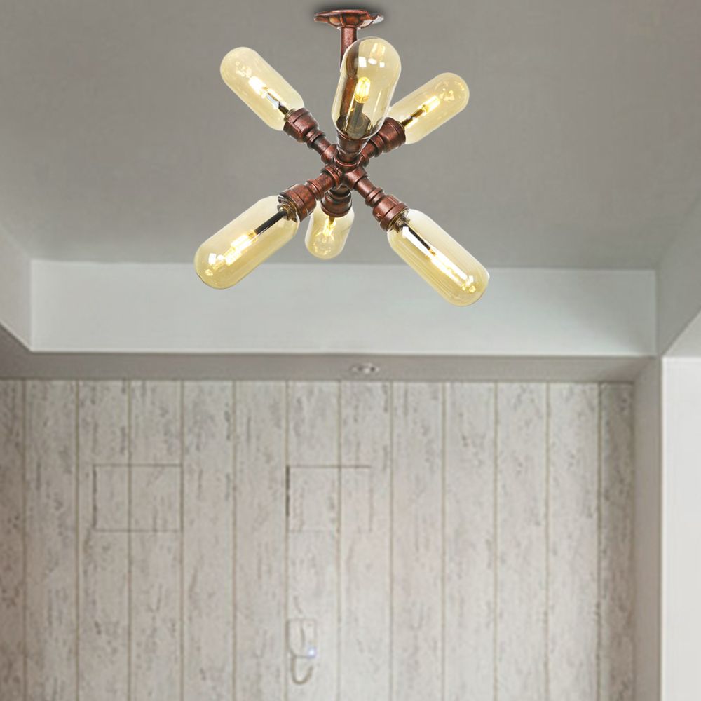 Antique Copper 4/6 Lights Ceiling Mount Rustic Style Amber Glass Sputnik Semi Flush Light