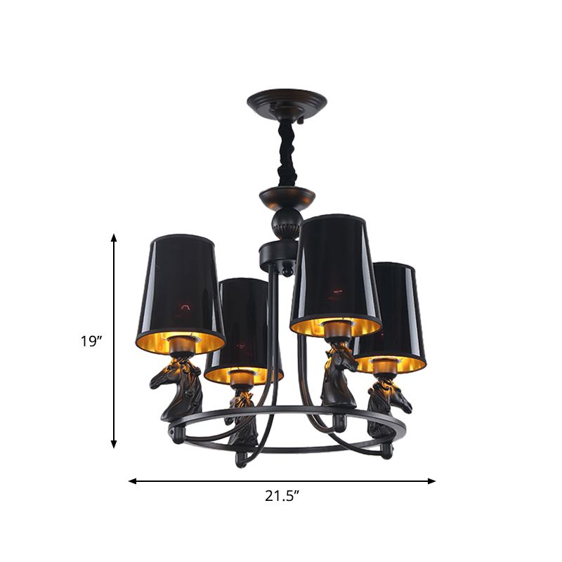 Lampe à lustre évasée en fer traditionnel pendentif de plafond 4/6/8-léger avec des détails en résine en noir