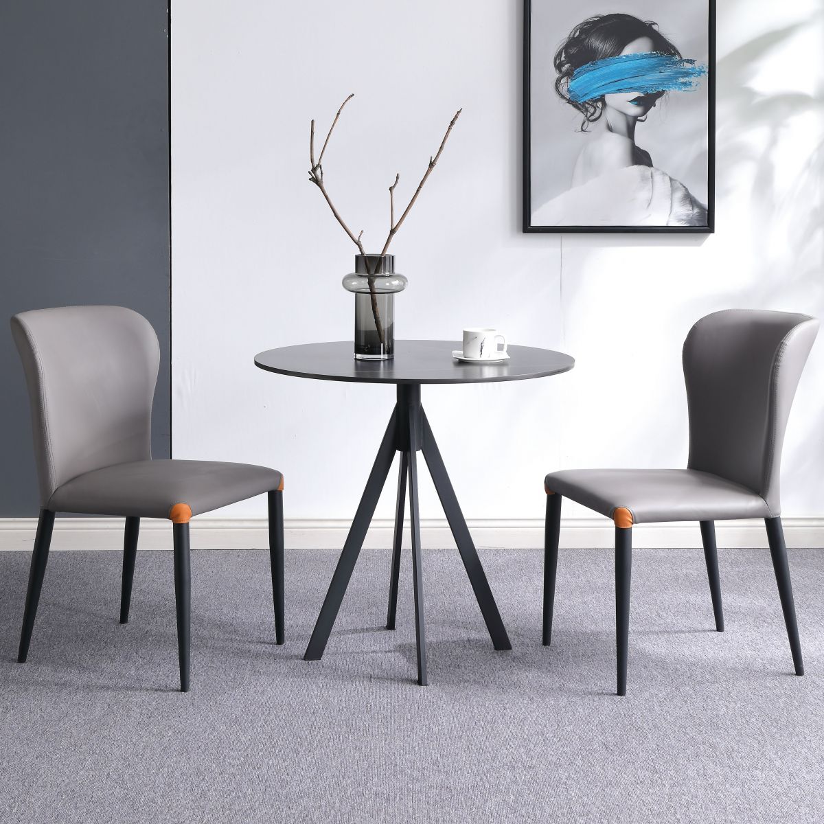 Round Sintered Stone Two-Color Dining Table Simplicity 4 Legs Table for Dining Room