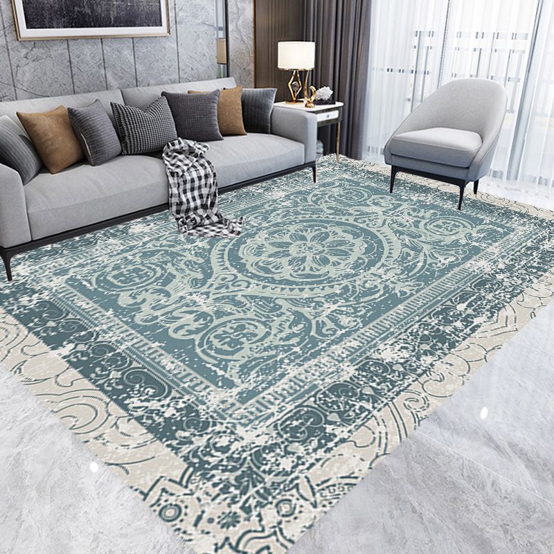 Green Moroccan Rug Polyester Medallion Pattern Rug Pet Friendly Washable Anti-Slip Backing Carpet for Decoration