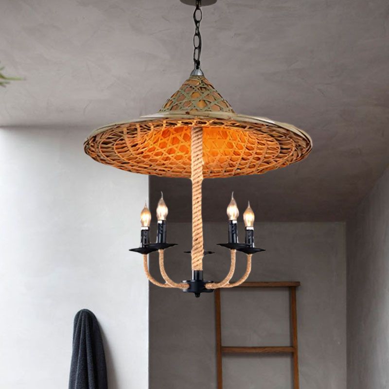 Candle Chandelier Lighting with Hat Design Lodge Style Rattan 5 Lights Beige Hanging Lamp for Dining Room