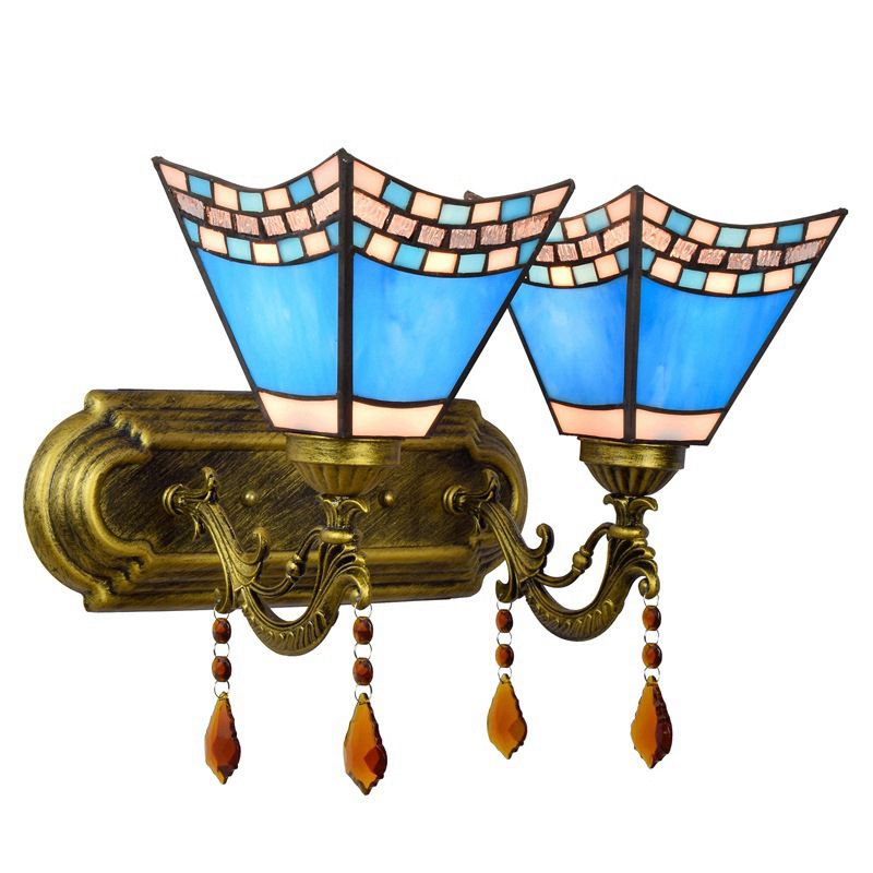 Tiffany Geometric Vanity Lighting Glass 2-Light Vanity Lamp in Blue