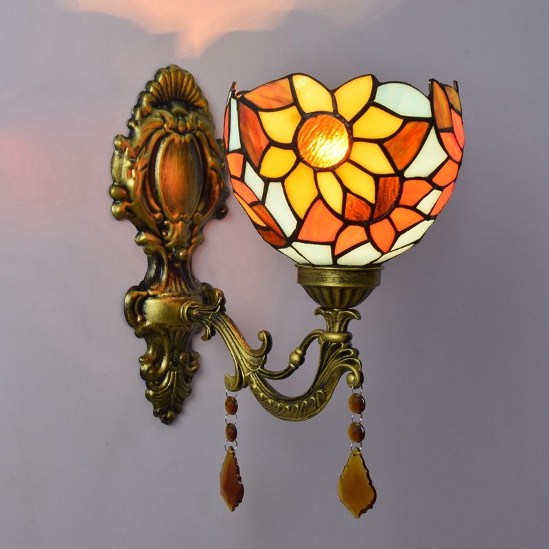 Handcrafted Stained Glass Brass Sconce Sunflower 1-Light Tiffany Wall Mount Light Fixture
