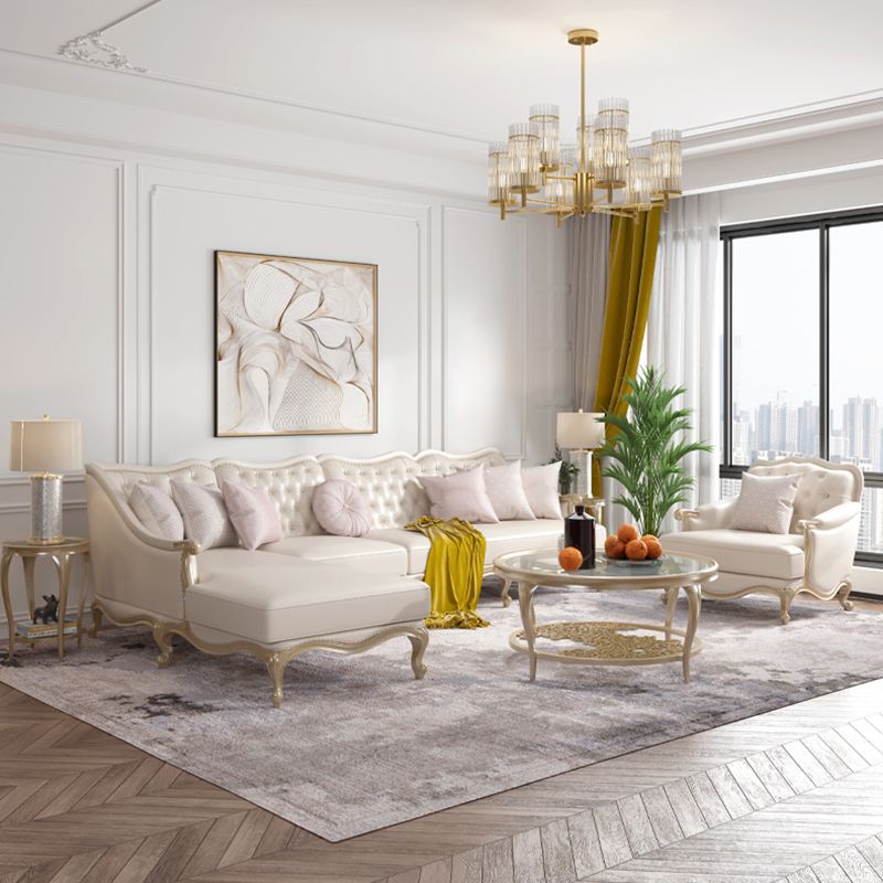 Traditional Genuine Leather Sectional Tufted Back Sloped Arm Sectional