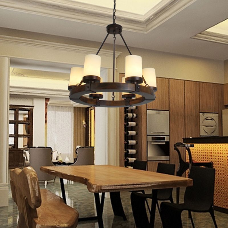Round Solid Wood Rustic Style Chandelier Cylindrical White Glass Shade Dining Room Lighting Fixture