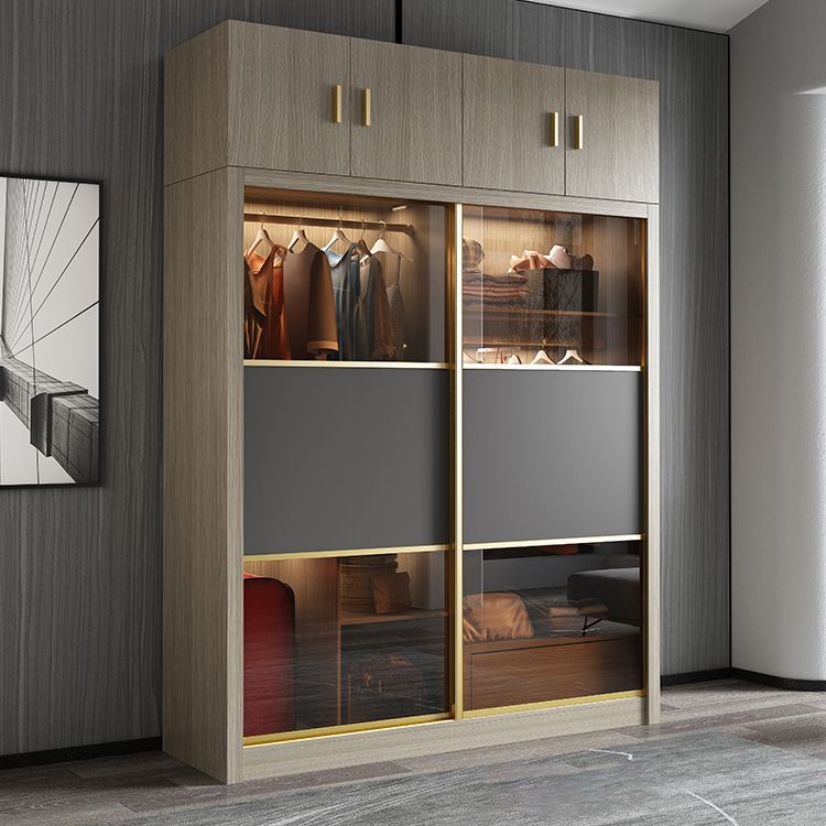 Brown Glass Door Storage Cabinet Contemporary Sliding Door Wardrobe for Home