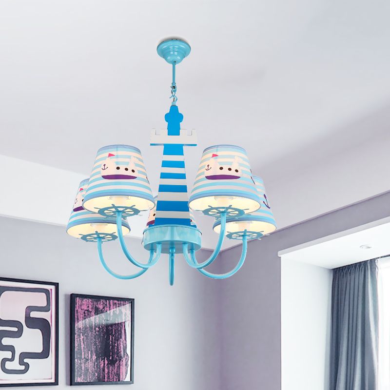 Mediterranean Tapered Fabric Chandelier 5 Bulbs Ceiling Pendant Light in Blue with Boat Pattern