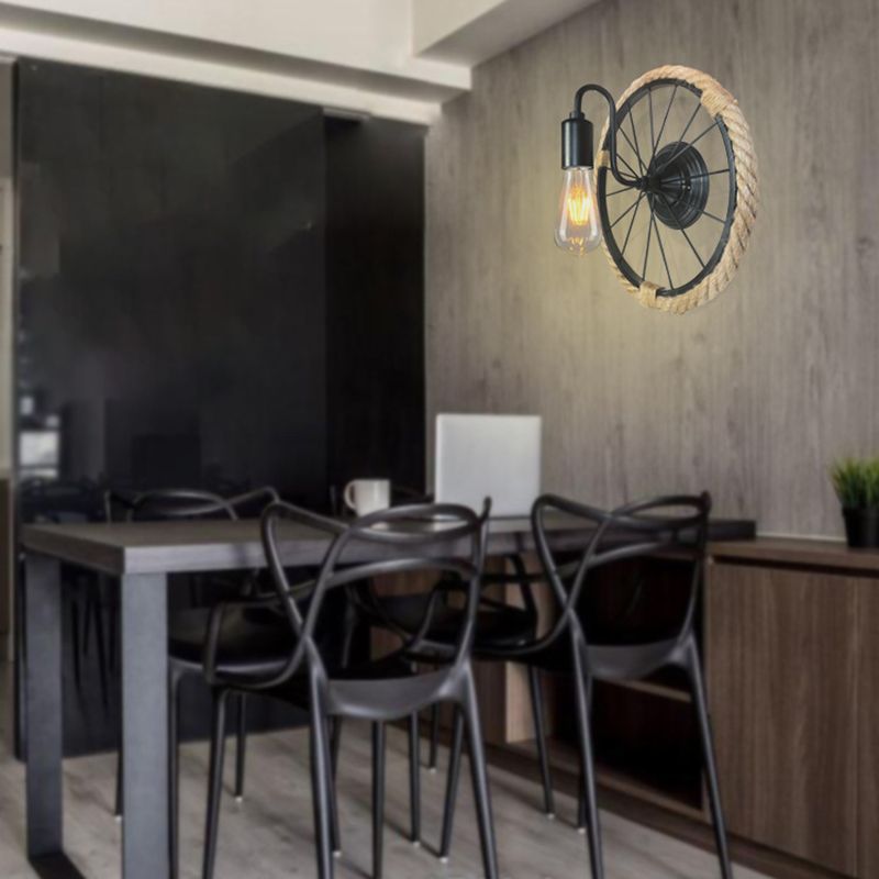 Modern Rope Wall Sconce Circle Shape Metal Wall Light for Bedroom in Black
