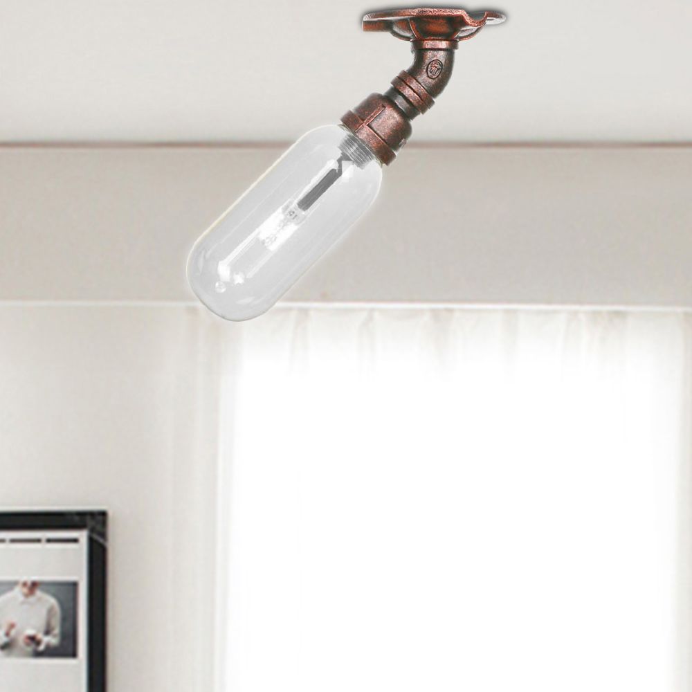 1 Light Ceiling Light Fixture Oval Shade Clear Glass Industrial Bathroom Semi Flush in Weathered Copper with Pipe Design