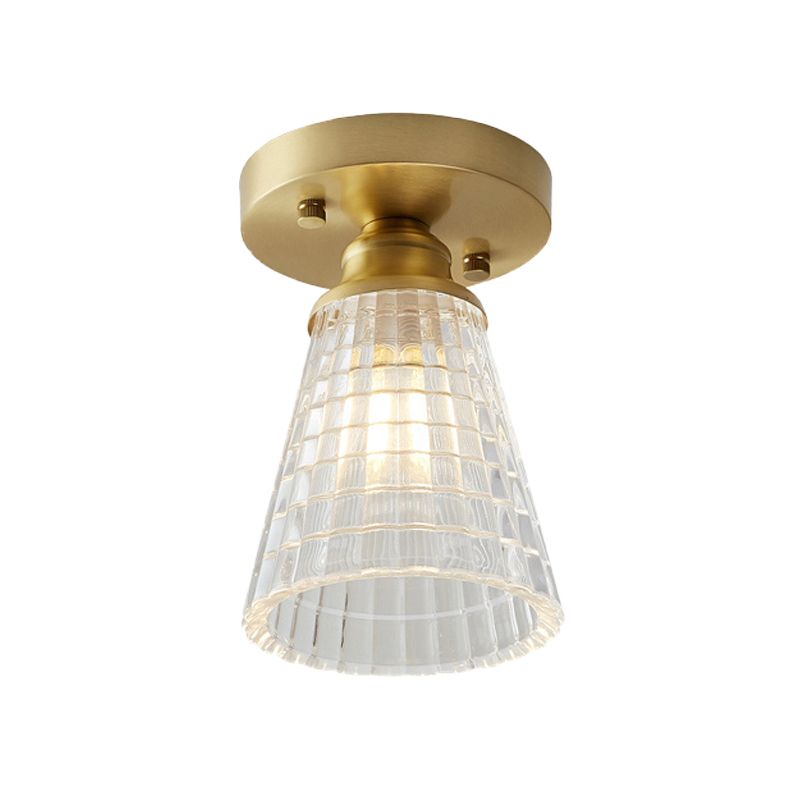 Single Bulb Semi Flush Mount Industrial Cone Clear Textured Glass Ceiling Light in Brass for Living Room