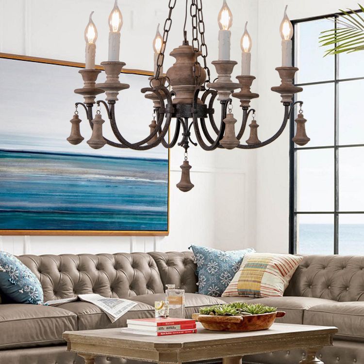 Wooden Brown Chandelier Candle Style 6-Light French Country Suspension Light