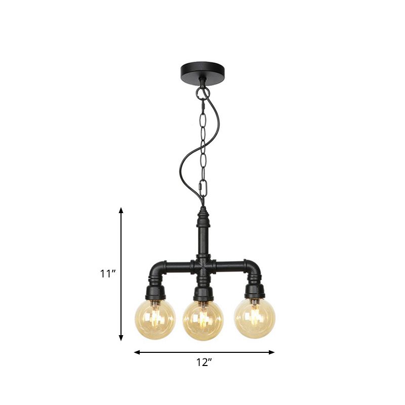 Ball Amber Glass Pendant Light Industrial 3/4 Lights Restaurant LED Ceiling Chandelier in Black with Pipe Arm