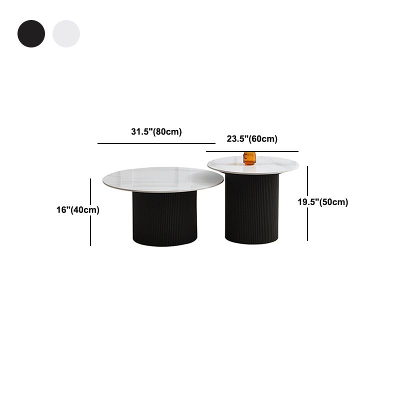 Slate Round Coffee Table Pedestal Cocktail Table Set in White