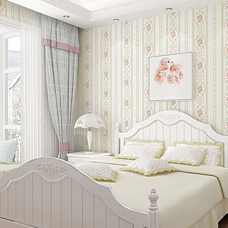 Floral Striped Wallpaper Roll Countryside Embossed Wall Covering in Pastel Color