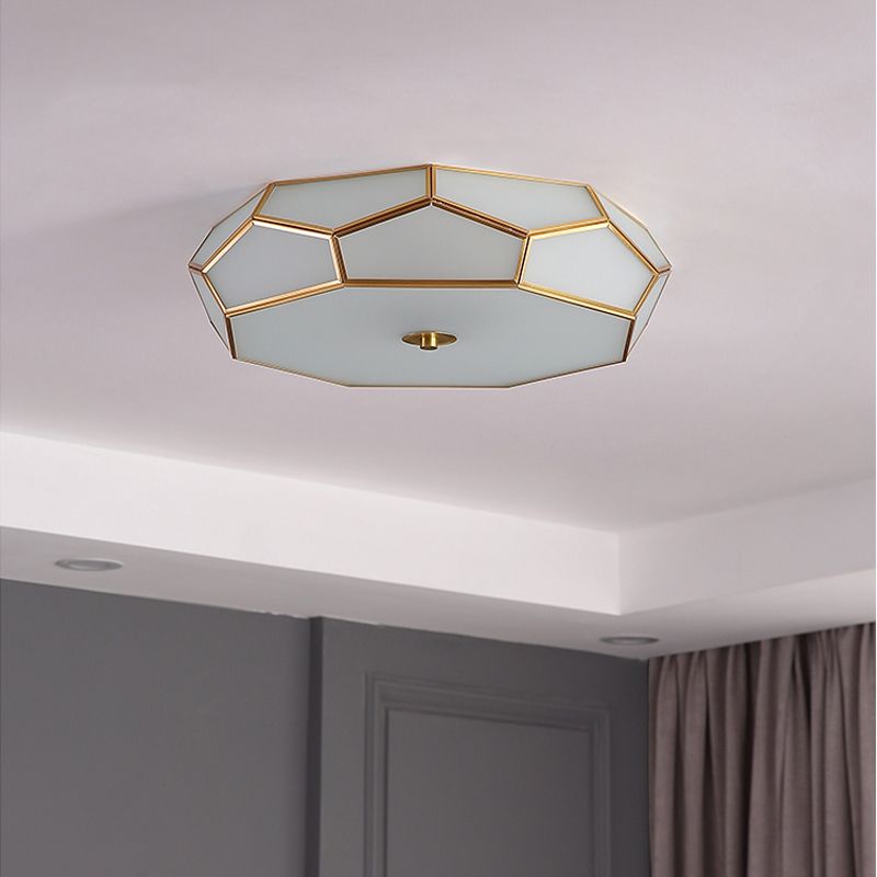 Colonial Style Geometric Ceiling Fixture Copper Flush Mount with Frosted Glass Shade