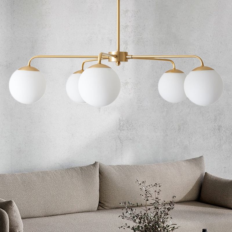 Milky Glass Global Chandelier Lamp Contemporary 5 Heads Brass Hanging Ceiling Light
