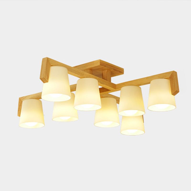 Ivory Glass Conical Ceiling Suspension Lamp Minimalist Wood Chandelier for Bedroom
