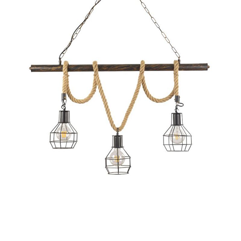 Global/Bottle Restaurant Island Pendant Light Iron 3 Lights Retro Style Black Ceiling Light with Hanging Rope