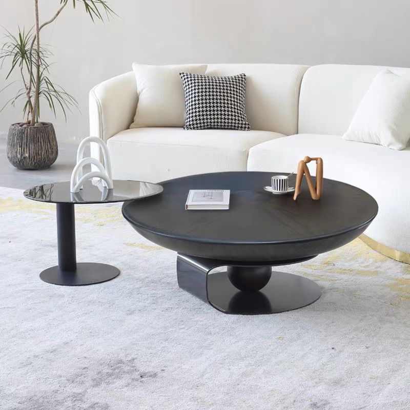 Modern Style Wood Walnut/black Top Stainless Steel Base Round Coffee Table