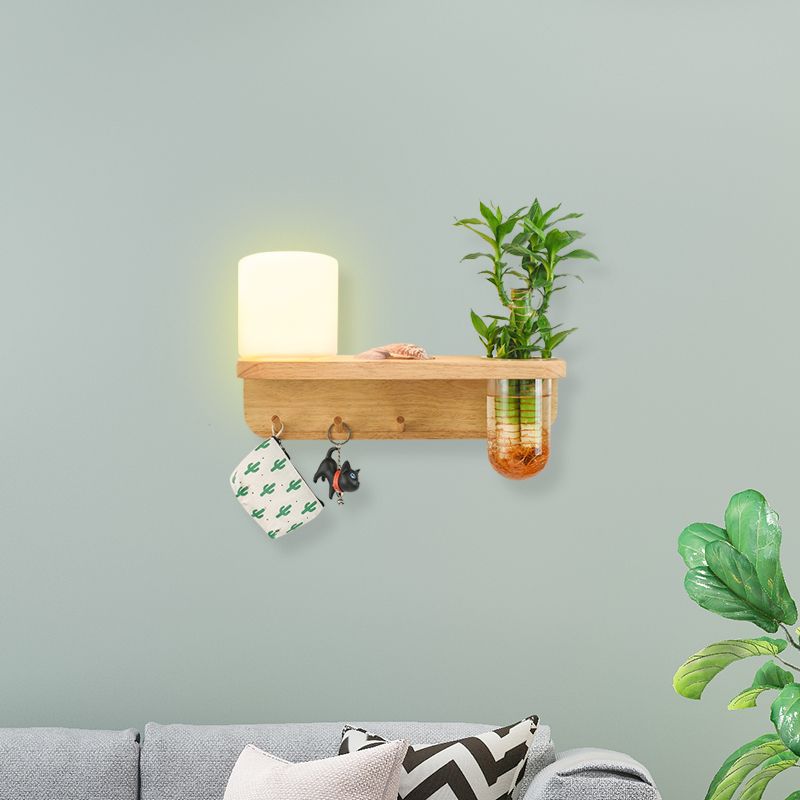 Frosted Glass Wood Wall Light Cylindrical 1-Bulb Industrial Wall Sconce Lamp with Plant Container