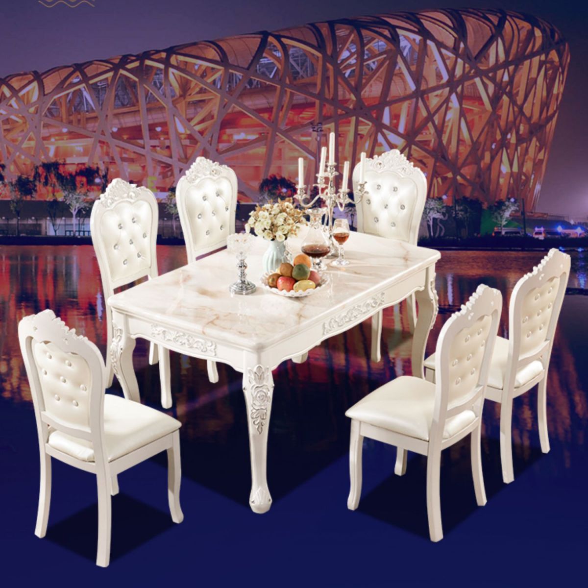 Victorian Style Marble Dining Set with White Rectangle Shape Table and 4 Legs Base for Home Use