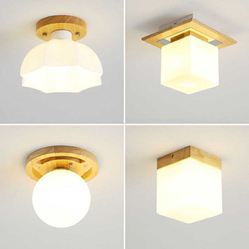 Small Aisle Ceiling Flush Light White Glass 1 Head Nordic Semi Mount Lighting in Wood