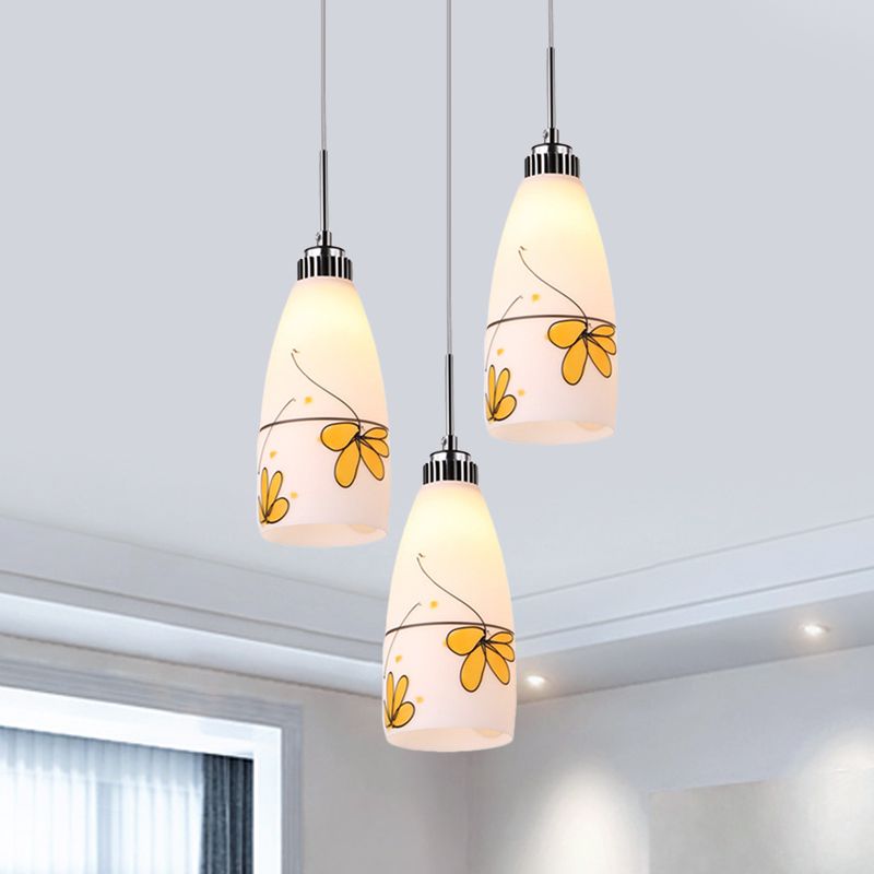 3-Bulb Cone Multiple Hanging Lamp Minimalism Black/Yellow/Blue Printing Glass Pendulum Lamp with Linear/Round Canopy