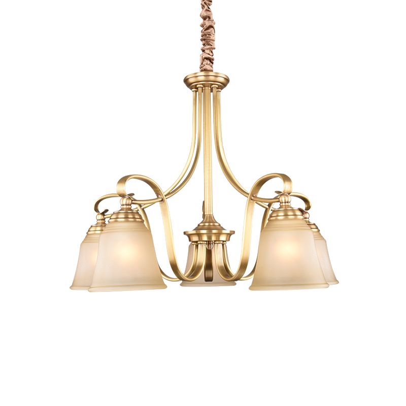 Colonialism Flared Chandelier Light Fixture 5/6 Bulbs Opal Glass Suspension Lamp in Gold with Scrolling Arm