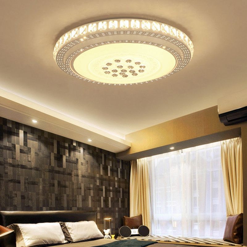 Circular Crystal Flush Mounted Lamp Simple Style White LED Ceiling Light for Living Room