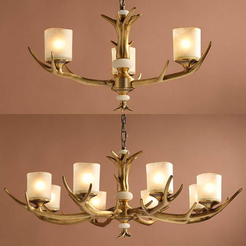Multi-Head Chandelier Light Fixtures Rustic Antler Chandelier Pendant Lamp with White Glass Shade