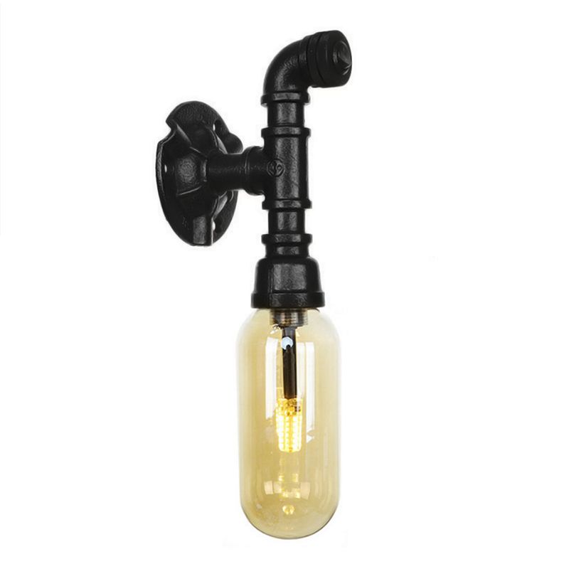 Oval Amber Glass Sconce Lighting Industrial 1 Bulb Corridor Wall Mounted Lamp in Black with Pipe Design