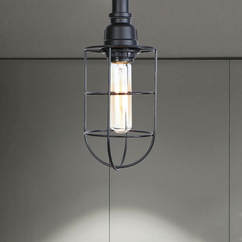 Black / Bronze 1 Bulb Semi-Flush Mount Light Vintage Metal Wire Guard Ceiling Mounted Light for Corridor