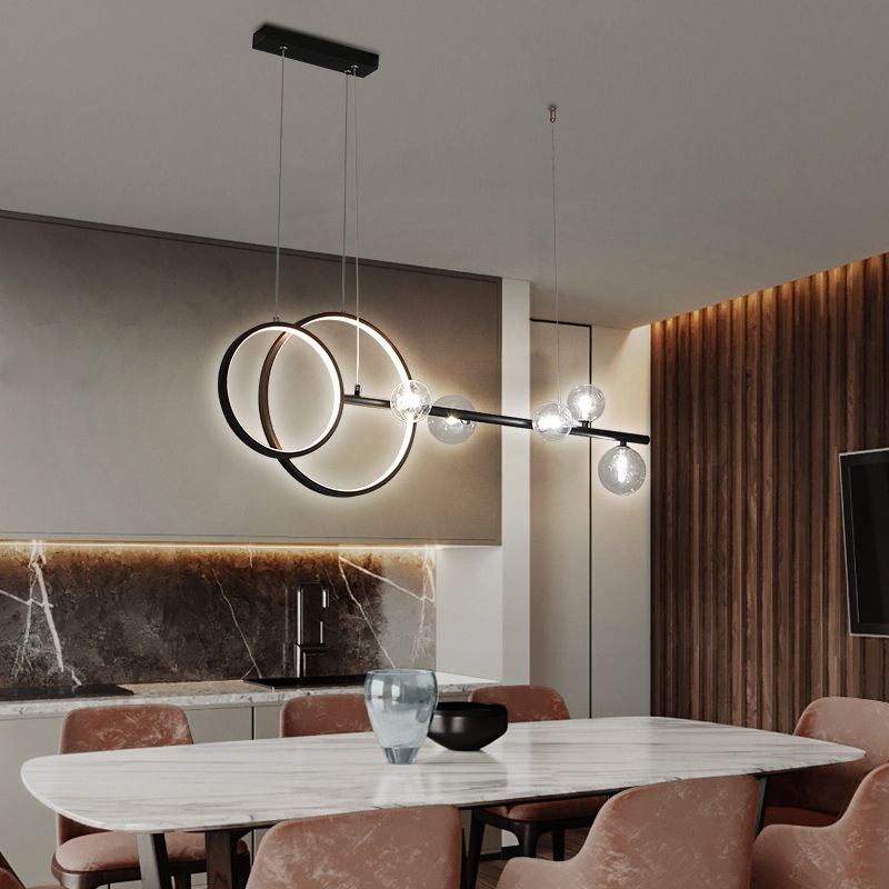 Moderno a ciondolo lineare e anello LED Light Metal Dining Room Isola sospesa con tonalità in vetro trasparente