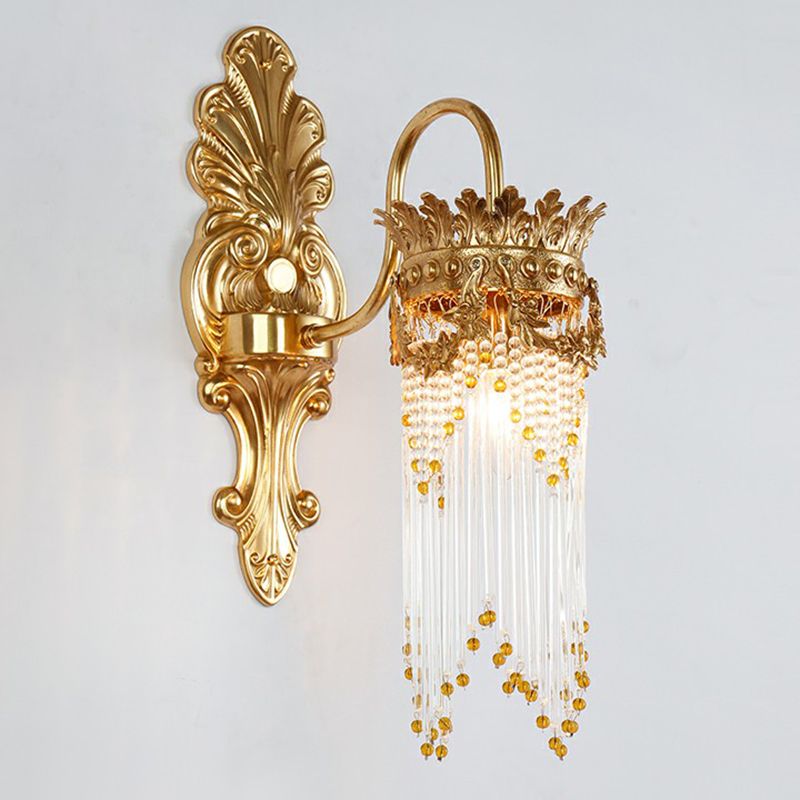 Gold Crown Shaped Wall Light Traditional Metal Living Room Sconce Lamp with Crystal Fringe